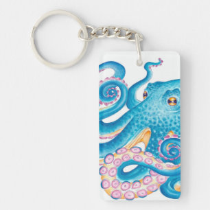 Blauer Kraken Orange Pink Wasserfarbe Schlüsselanhänger