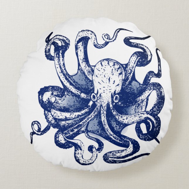 Blauer Kraken Rundes Kissen (Vorderseite)