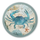 Blauer Krebs Collage Nautical Ephemera Wasserfarbe Keramikknauf (Vorderseite)