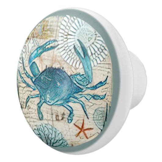 Blauer Krebs Collage Nautical Ephemera Wasserfarbe Keramikknauf (Rechts)