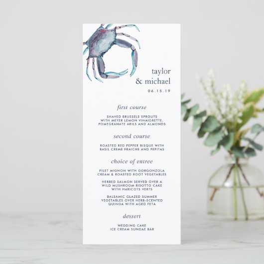 Blauer Krebs | Nautical Wedding Menu Card Menükarte (Stehend Vorderseite)