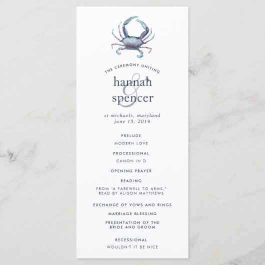 Blauer Krebs | Nautical Wedding Zeremony Program Programm (Vorderseite)