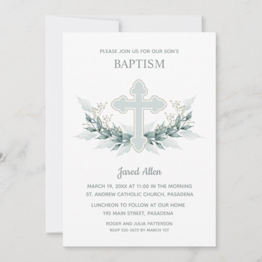 Blauer Kreuz Grüne Taufe Einladung (Vorderseite)