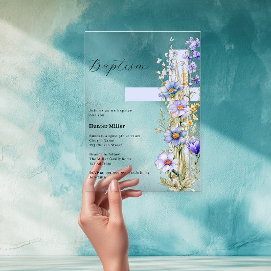 Blauer Kreuzjunge klare Taufe Acryleinladungen