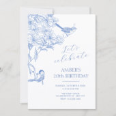 Blauer künstlerischer botanischer Vogel Geburtstag Einladung (Vorderseite)
