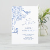 Blauer künstlerischer botanischer Vogel Geburtstag Einladung (Stehend Vorderseite)