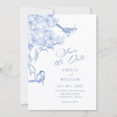 Blauer künstlerischer botanischer Vogel Save The Date (Vorderseite)