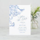 Blauer künstlerischer botanischer Vogel Save The Date (Stehend Vorderseite)