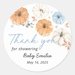 Blauer Kürbis-Junge-Baby-Shower-Dankeschön-Geschen Runder Aufkleber