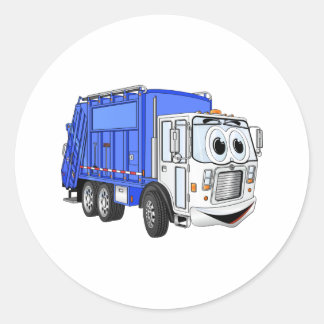 Blauer Lächelnder Cartoon Garbage Truck Runder Aufkleber