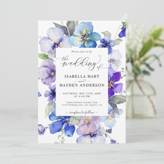 Blauer Lavendel in 1 QR Code Hochzeit Einladung (Stehend Vorderseite)