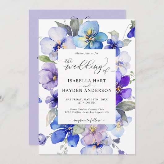 Blauer Lavendel in 1 QR Code Hochzeit Einladung (Vorne/Hinten)