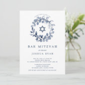 Blauer Leaf Bar Mitzvah Einladung (Stehend Vorderseite)
