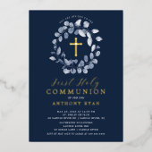 Blauer Leaf Boys Erste Kommune Folieneinladung (Vorderseite)