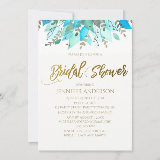 Blauer Leaf Brautparty Einladung (Vorderseite)