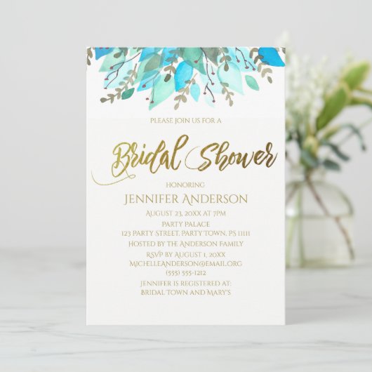 Blauer Leaf Brautparty Einladung (Stehend Vorderseite)