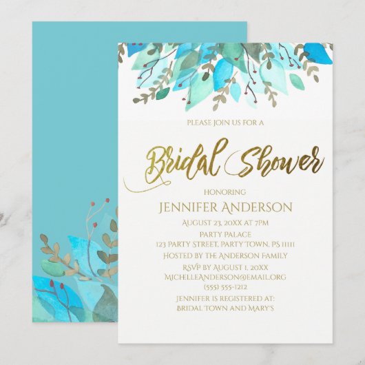 Blauer Leaf Brautparty Einladung (Vorne/Hinten)