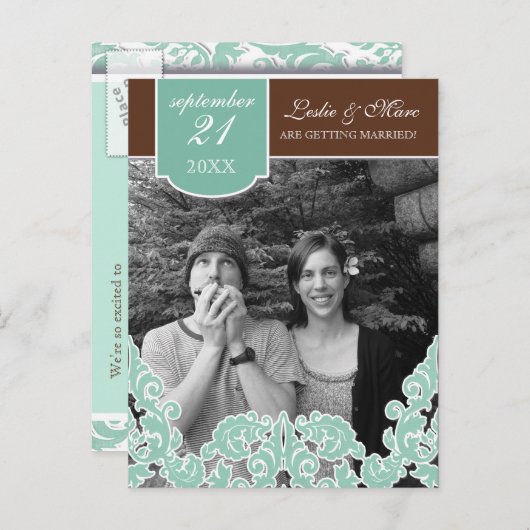 Blauer Leaf Swirl Damask 2 Save the Date Ankündigungspostkarte (Vorne/Hinten)