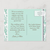 Blauer Leaf Swirl Damask 2 Save the Date Ankündigungspostkarte (Rückseite)