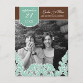 Blauer Leaf Swirl Damask 2 Save the Date Ankündigungspostkarte (Vorderseite)