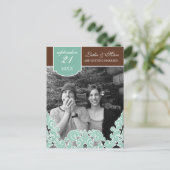 Blauer Leaf Swirl Damask 2 Save the Date Ankündigungspostkarte (Stehend Vorderseite)