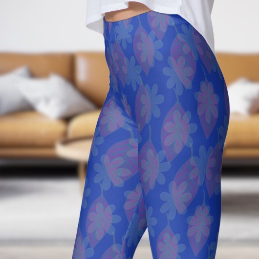 Blauer Leaf und Petal Muster Leggings