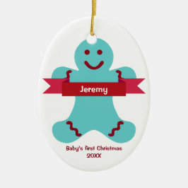 Blauer Lebkuchen Kind roter Banner Name Baby zuers Keramikornament