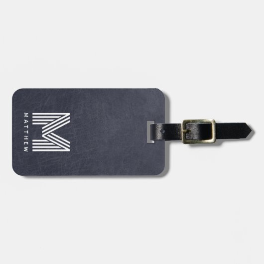 Blauer Leder Dicke Monogram Masculine Gepäckanhänger (Vorderseite horizontal)