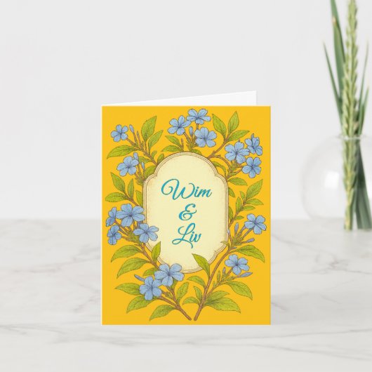 Blauer Leinen rustikale Hochzeit im Blumenstil Einladung (Vorderseite)