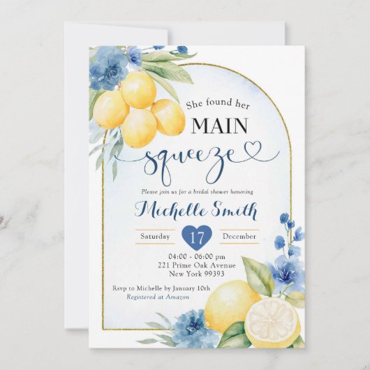 Blauer Lemon Main Squeeze Brautparty Einladung (Vorderseite)