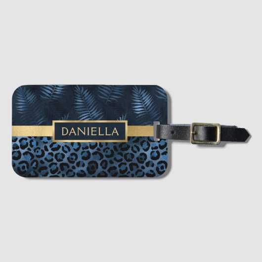 Blauer Leopard Print Shimmer Tropenflorname Gepäckanhänger (Vorderseite (Horizontal))