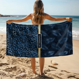 Blauer Leopard Print Shimmer Tropenflorname Strandtuch