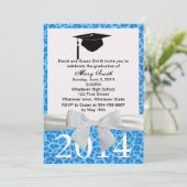 Blauer Leopardenblauer Abschluss von White Ribbon  Einladung (Stehend Vorderseite)