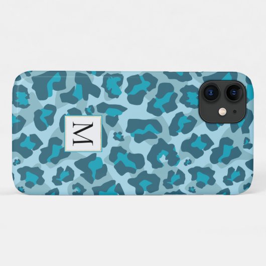 Blauer Leopardenprint und Monogramm Case-Mate iPhone Hülle (Rückseite (Horizontal))