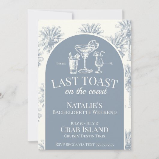 Blauer letzter Toast an der Küste Bachelorette Einladung (Vorderseite)