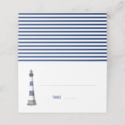 Blauer Leuchtturm Hochzeitsgefaltete Platzkarte (Außenseite Aufgefaltet)