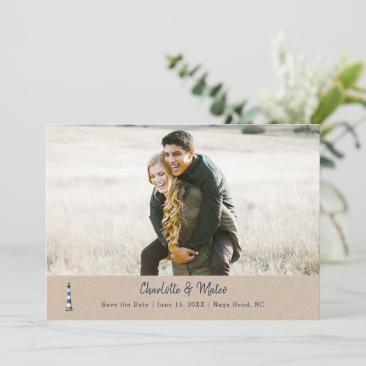 Blauer Leuchtturm Save the Date Karte (Stehend Vorderseite)