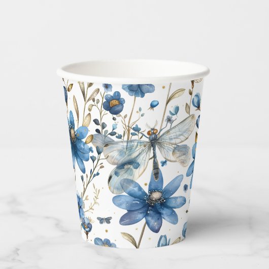 Blauer Libelle und Blume Blumenpapier Party Cups Pappbecher (Vorderseite)