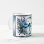 Blauer Libellen-Blumen-Wasserfarben Kaffeetasse (Vorderseite Links)