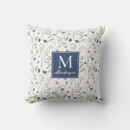 Blauer Lila Aquarell Wildblumen Monogramm Name Kissen