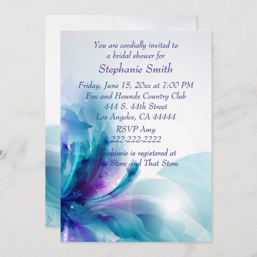 Blauer Lila Blumendesign Bridal Dusche Einladung (Vorne/Hinten)