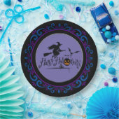 Blauer Lila Happy Halloween Hexe und Fledermäuse Pappteller (Party)