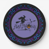 Blauer Lila Happy Halloween Hexe und Fledermäuse Pappteller (Vorderseite)