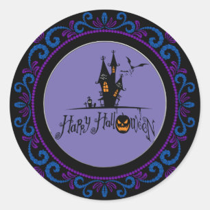 Blauer Lila Happy Halloween Spuk Haus Runder Aufkleber