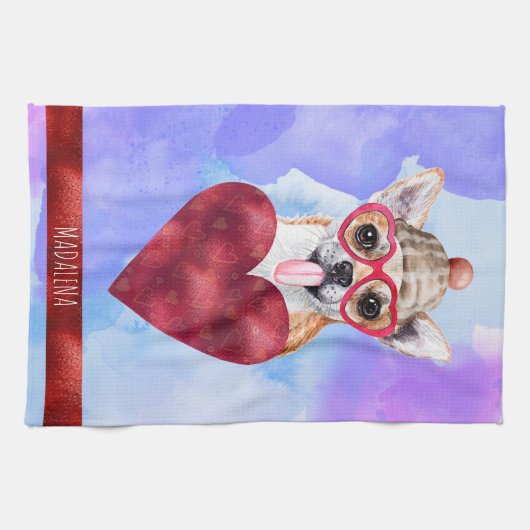 Blauer Lila Hund Lover Valentine Geschenk Chihuahu Geschirrtuch (Horizontal)