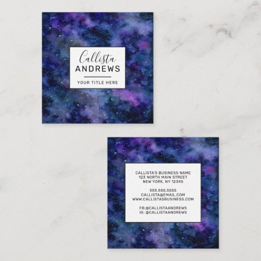 Blauer Lila Majestic Starnebel Wasserfarbe Quadratische Visitenkarte (Vorne/Hinten)