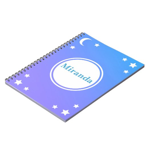 Blauer lila Mond u. Stern-gewundenes Notizbuch Notizblock (Linke Seite)