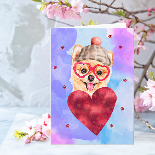 Blauer Lila Pomeranian Valentinstag Geschenk Hund Karte