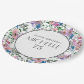 Blauer Lila rosa Aquarell Blütenfarbe 75. Geburtst Pappteller (Schrägansicht)