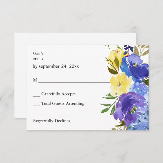 Blauer Lila und gelbe Blüten RSVP Karte (Vorne/Hinten)